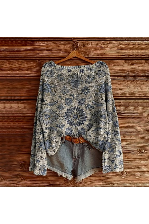 Trushirt Womens Tops Fall Winter Long Sleeve Crew Neck Knit Print Casual Dark Gray Boho Tops for Women Size XL