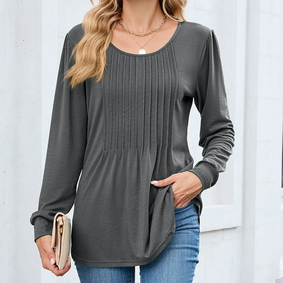 Trushirt Womens Tops Long Sleeve Crew Neck Fall Winter Solid Casual Gray Going Out Tops for Women Size 2XL