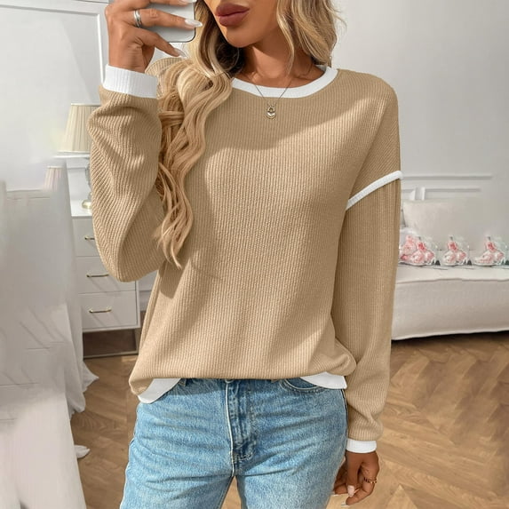 VOONCAS Womens Tops Long Sleeve Fall Winter Solid Crew Neck Knit Casual Khaki Going Out Tops for Women Size M