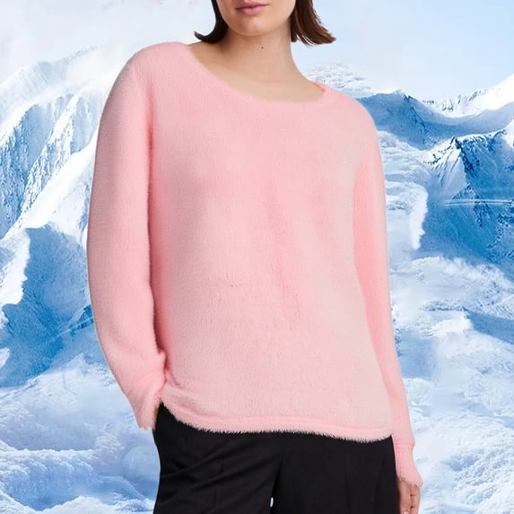 VOONCAS Womens Tops Plush Long Sleeve Solid Casual Crew Neck Fall Winter Pink Going Out Tops for Women Size 4XL