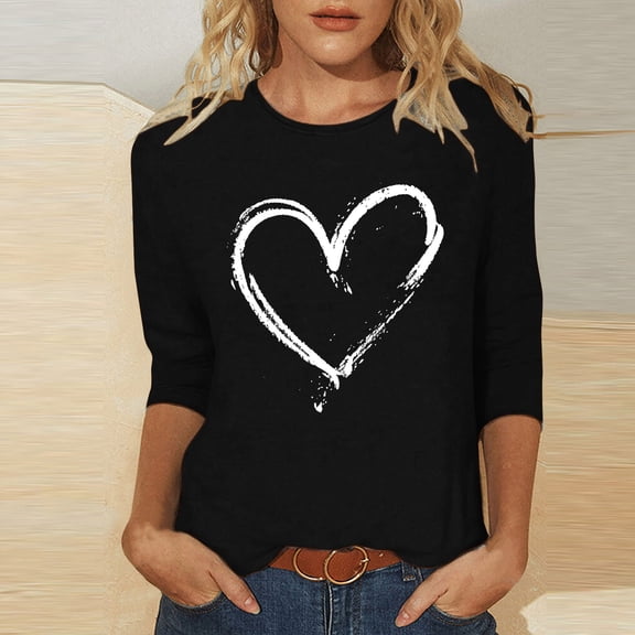 Trushirt Womens Tops Print Casual Crew Neck 3/4 Sleeve Fall Winter Black Going Out Tops for Women Size S
