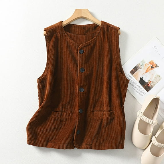 Trushirts Brown Womens Corduroy Vest, 98% Cotton 2% Spandex Sleeveless Button-Front with Pockets, Relaxed Fit Vintage Casual Layering Piece, Sizes M-XXL,Size 2XL