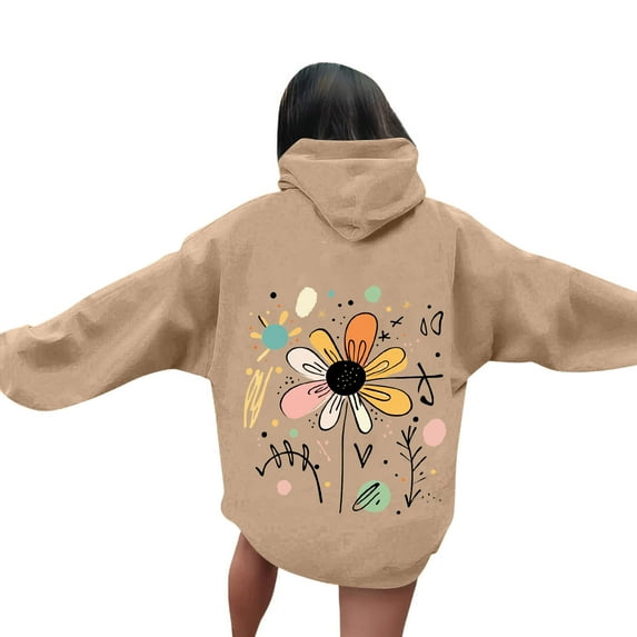 VOONCAS Floral Hoodie for Women - XL Khaki, Cottagecore Retro Design, Polyester with Drawstring & Kangaroo Pocket