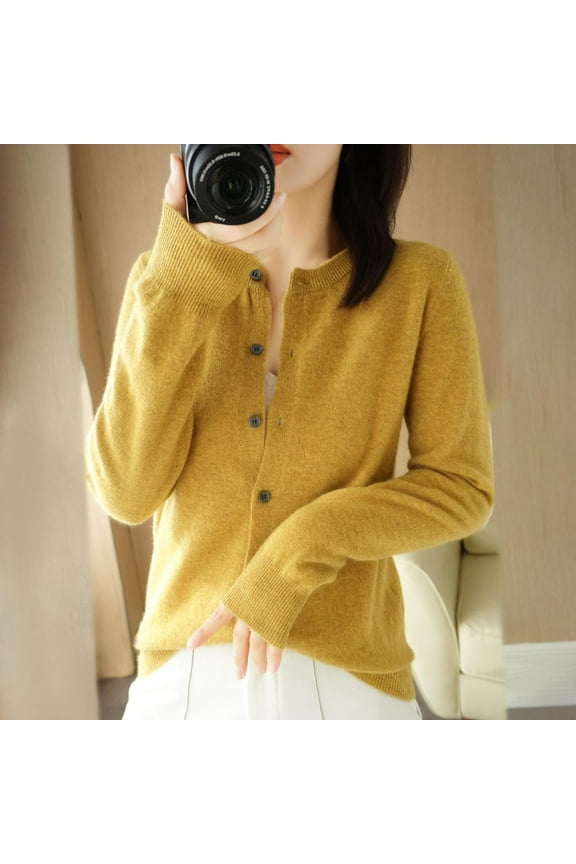 Layerable Womens Yellow Knit Cotton Cardigan - Crew Neck Button-Front, Soft Breathable for Spring/Fall/Winter, S-XXL,Size XXS