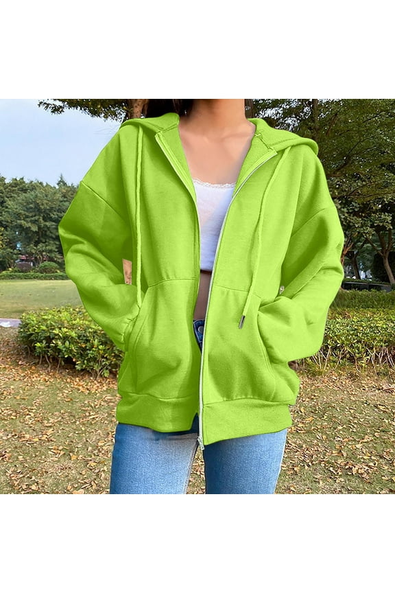 Oversized Women’s Green Hooded Zip-Up Jacket 100% Polyester - Kangaroo Pockets, Adjustable Hood, S-XXXL, Machine Washable, Quick-Drying,Size S