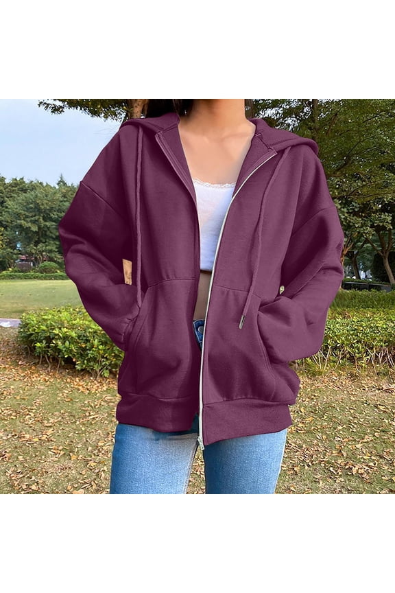 Oversized Women’s Purple Hooded Zip-Up Jacket 100% Polyester - Kangaroo Pockets, Adjustable Hood, S-XXXL, Quick-Drying, Machine Washable,Size S