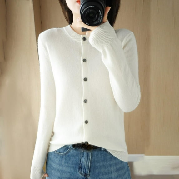 VOONCAS Soft Breathable Womens White Knit Cotton Cardigan - Crew Neck Button-Front, Layerable for Spring/Fall/Winter, S-XXL,Size L