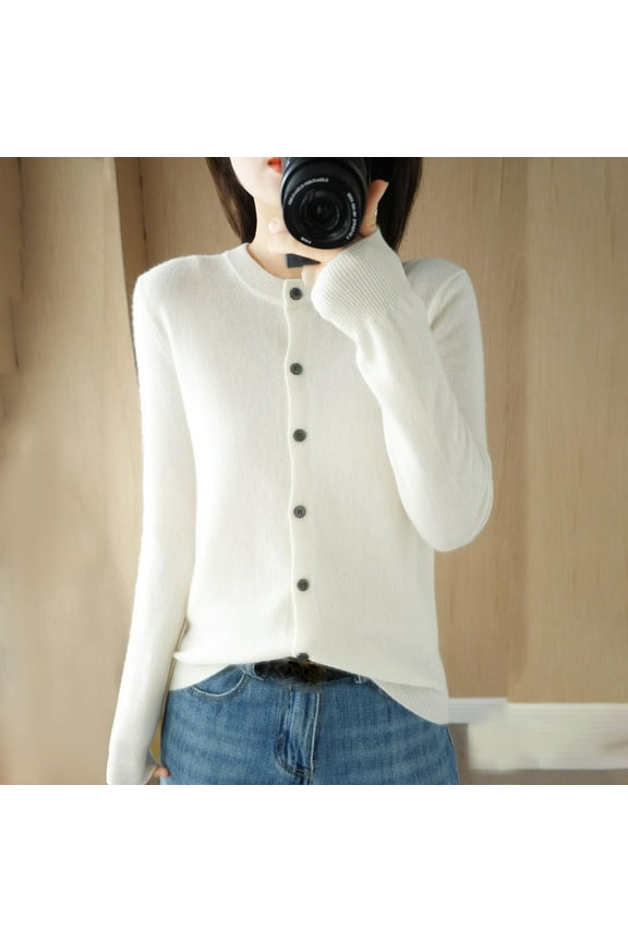 Soft Breathable Womens White Knit Cotton Cardigan - Crew Neck Button-Front, Layerable for Spring/Fall/Winter, S-XXL,Size XS