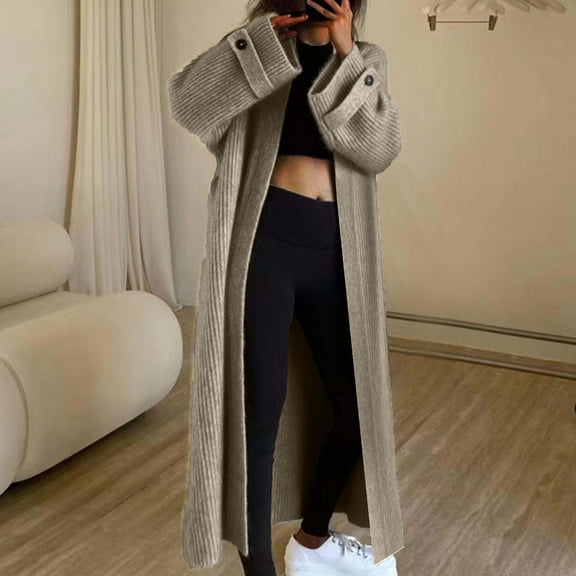 Trushirts Women Soft Acrylic Oversized Maxi Cardigan Coat - Khaki Open-Front Layering Piece for Daily Casual Chic,Size M