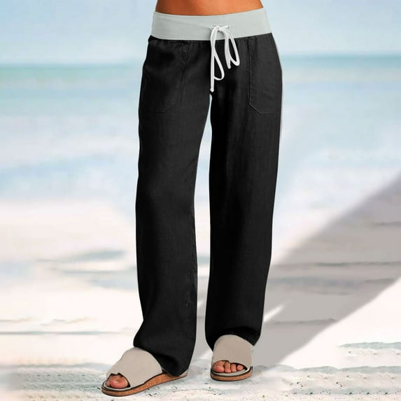 VOONCAS Women's 100% Cotton Wide Leg Pants - Black, Size S, Elastic Drawstring Waist, Soft Breathable Fabric for Casual Lounge & Daily Errands