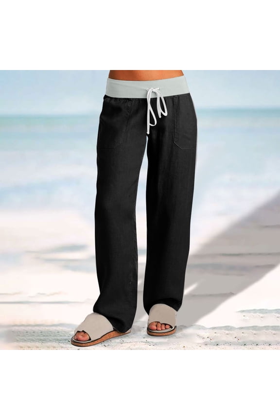 Women's 100% Cotton Wide Leg Pants - Black, Size S, Elastic Drawstring Waist, Soft Breathable Fabric for Casual Lounge & Daily Errands