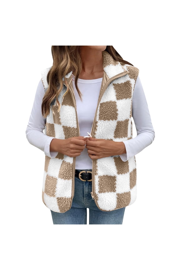 Women's 2XL Khaki Checkered Vest - Nylon Spandex Blend, Full Zip Stand Collar, Sleeveless Layering Outerwear for Autumn & Early Winter