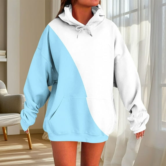 VOONCAS Women's 2XL Oversized Color Block Hoodie, Light Blue - Stretchy with Drawstring Hood & Kangaroo Pocket for Casual Trendy Style