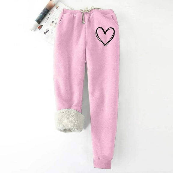 VOONCAS Women's 2XL Pink Warm Sweatpants - Plush Lined Polyester, Black Heart Pattern, Drawstring Waist & Side Pockets for Casual Home/Errands/Outings
