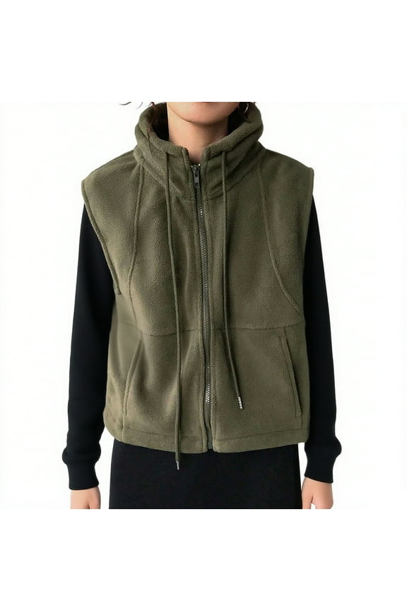 Women's Army Green Sleeveless Jacket - M Size, 100% Polyester High Collar, Zipper & Pockets, Casual Loose Fit for Daily Layering Wear Walmart