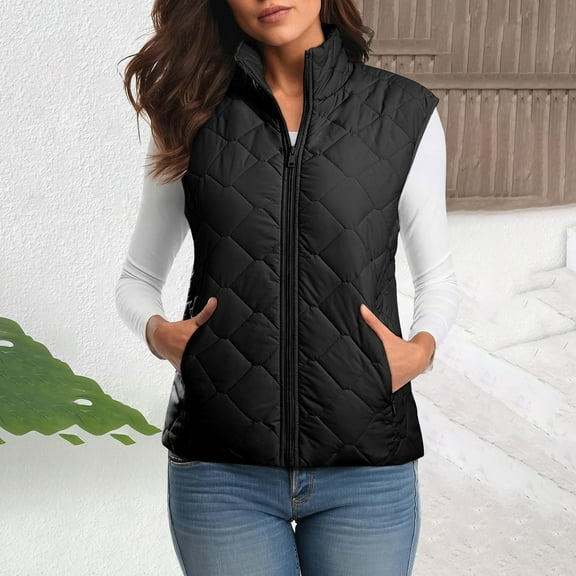 Trushirts Women's Black Quilted Vest XL Size - 100% Polyester, Zip-Front with Side Pockets, Stand-Up Collar, Lightweight for Spring/Fall Casual Layering
