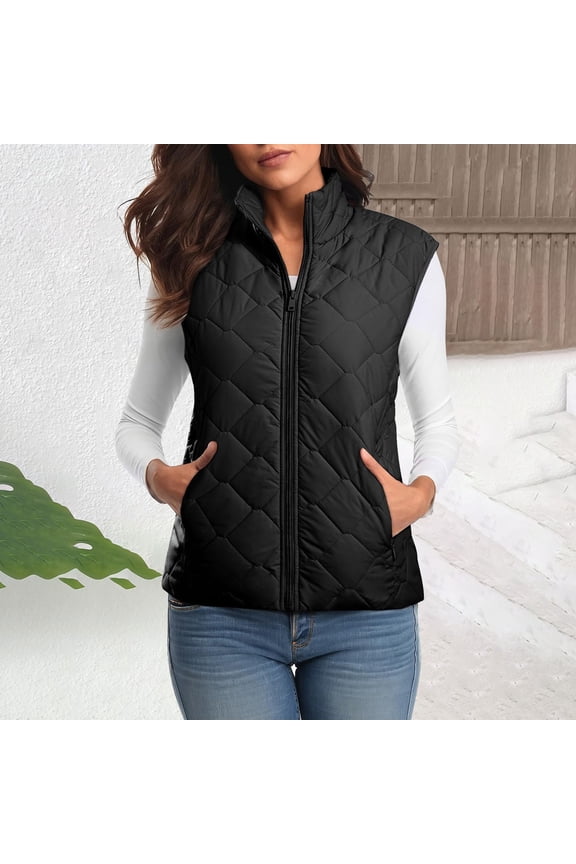 Women's Black Quilted Vest XL Size - 100% Polyester, Zip-Front with Side Pockets, Stand-Up Collar, Lightweight for Spring/Fall Casual Layering
