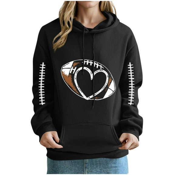 VOONCAS Women's Black XL Football Heart Hoodie - Polyester, Machine Washable - Drawstring Hood & Kangaroo Pocket - Soft Game Day Fan Sweatshirt