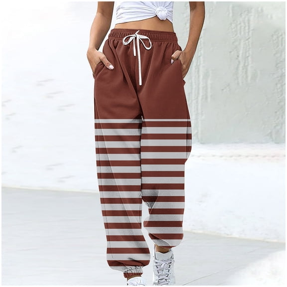 VOONCAS Women's Brown S Casual Pants - Polyester-Cotton, Loose Fit with Elastic Waist & Drawstring, Side Pockets, Cuffed Ankles for All-Day Daily Leisure Wear