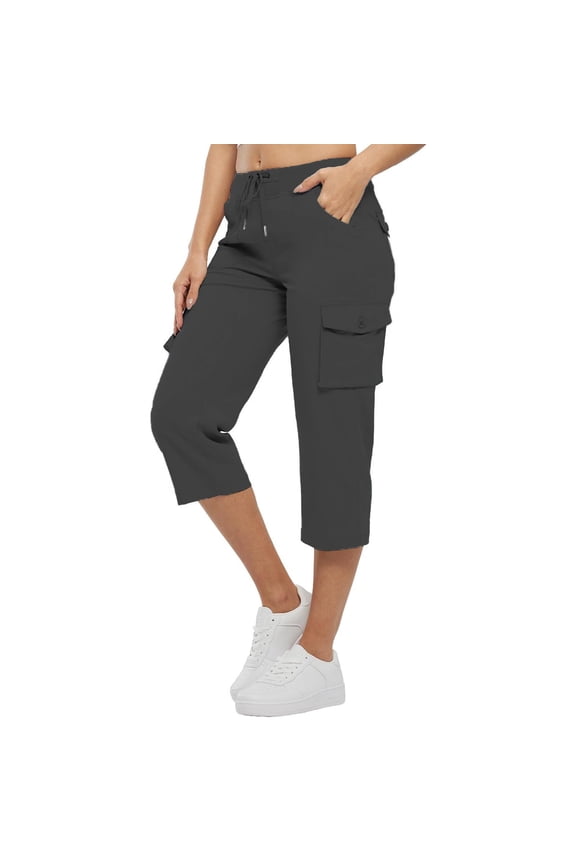 Women's Cargo Capri Pants (Gray, Size M) - Polyester, Adjustable Drawstring Waist, Multiple Pockets, Casual Style for Warm Weather & Daily Wear