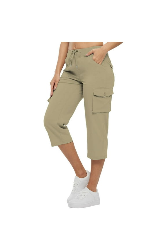 Women's Cargo Capri Pants - Khaki, Size L, Polyester, Drawstring Waist, Multiple Cargo Pockets, Casual Stylish for Warm Weather/Summer Daily Wear