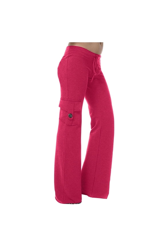 Trushirts Women's Cargo Flared Pants - Hot Pink, Size M, Stretch Polyester with Button Side Pockets & Drawstring Waist, Casual Retro Daily Wear