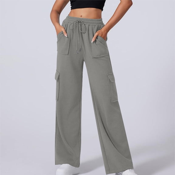 Trushirts Women's Cargo Wide Leg Pants - 100% Polyester, Dark Gray, Size L, Elastic Drawstring Waist, Multiple Pockets, Casual Comfortable for Daily Wear/School/Outings