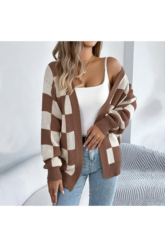 Trushirts Women’s Coffee Checkerboard Cardigan - 100% Acrylic Knit, Oversized Open-Front, Batwing Sleeves, Ribbed Hem, Warm for Spring/Fall (S-XL),Size XL