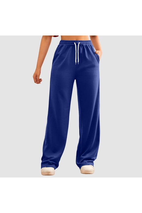 VOONCAS Women's Comfortable Polyester Casual Pants - M Blue, Elastic Waist with Drawstrings, Side Pockets, Soft Breathable Wide-Leg Style for Daily Errands & Home