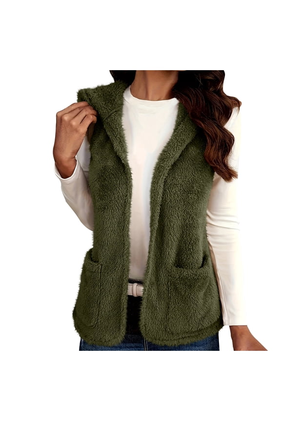 Women's Fuzzy Hooded Vest - Army Green Size M, Soft Polyester, Warm Sleeveless Design with Front Pockets, Machine Washable for Casual Layering