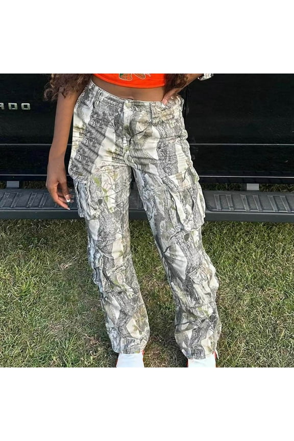 Trushirts Women's Gray Cargo Pants M Size - Camouflage Pattern, 100% Polyester, Loose Fit with Multiple Pockets, Elastic Ankles, Wrinkle-Resistant for Casual/Outdoor Use