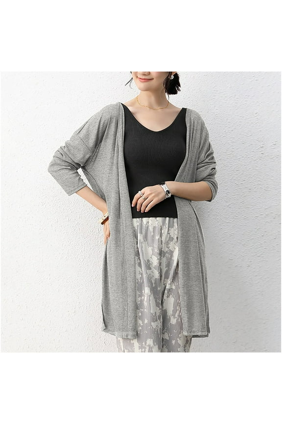 Women’s Gray Long Open Front Cardigan - Nylon Spandex Soft, Lightweight Drop Shoulder, for Spring Fall Layering Office Daily, Sizes L/XL/XXL,Size L