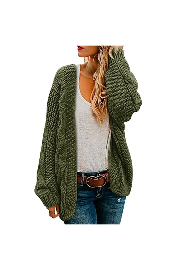 Women’s Green Chunky Knit Cardigan - Open Front Oversized with Long Balloon Sleeves, Acrylic Soft Warm, S-XXXL for Spring/Fall/Winter Casual Looks,Size L