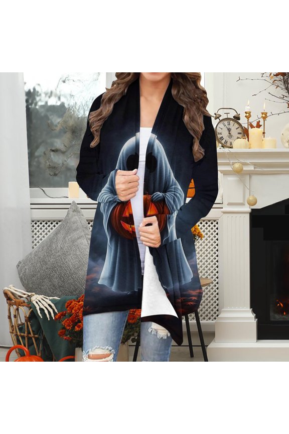 Women’s Hall-oween Cardigan, Multicolor Open Front with Ghost & Jack-o’-lantern Print, S-XXXXXL Soft Stretchy Mid-Length Autumn Layering Cardigan,Size 3XL