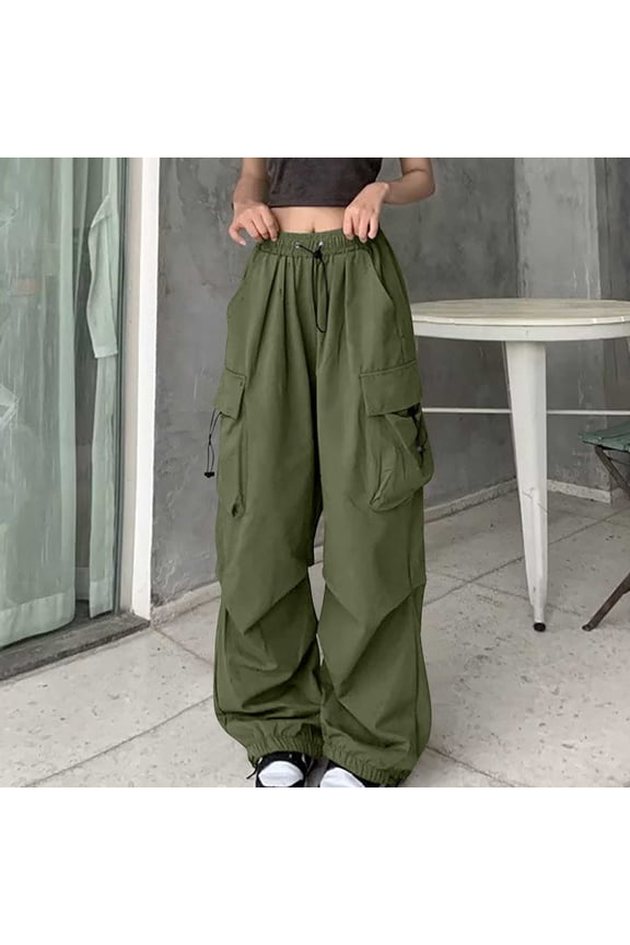 Trushirts Women's High Waisted Cargo Pants - Army Green (Size L), Polyester-Cotton, Multiple Pockets, Casual Streetwear