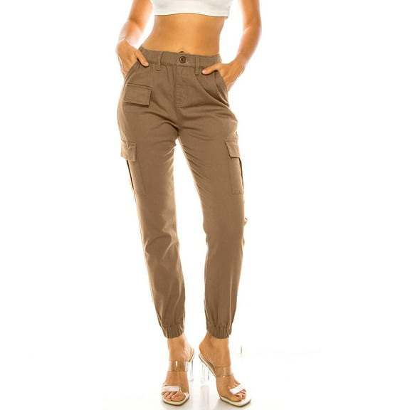 VOONCAS Women's Khaki Cargo Pants Size 2XL - 100% Polyester Lightweight Wrinkle Resistant, Tapered Leg Elastic Cuffs with Pockets for Daily Casual Outdoor Work