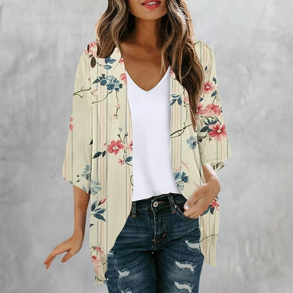 VOONCAS Women’s Khaki Kimono Cardigan 100% Polyester - Floral Print, Lightweight Machine-Washable, Boho Casual (S-XXL),Size S