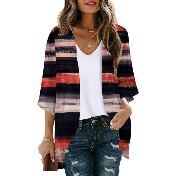 VOONCAS Women’s Kimono Cardigan - Watercolor Striped Open Front, 3/4 Sleeves Mid-Length, 100% Polyester Lightweight Easy Care, Multicolor for Casual/Beach/Layering,Size M