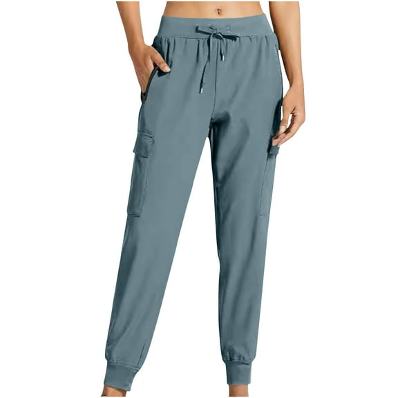 VOONCAS Women's Light Blue Cargo Joggers Size S - Stretch Nylon Spandex Fabric, Multiple Pockets, Drawstring Waist, Cuffed Ankles for Casual Gym Lounge