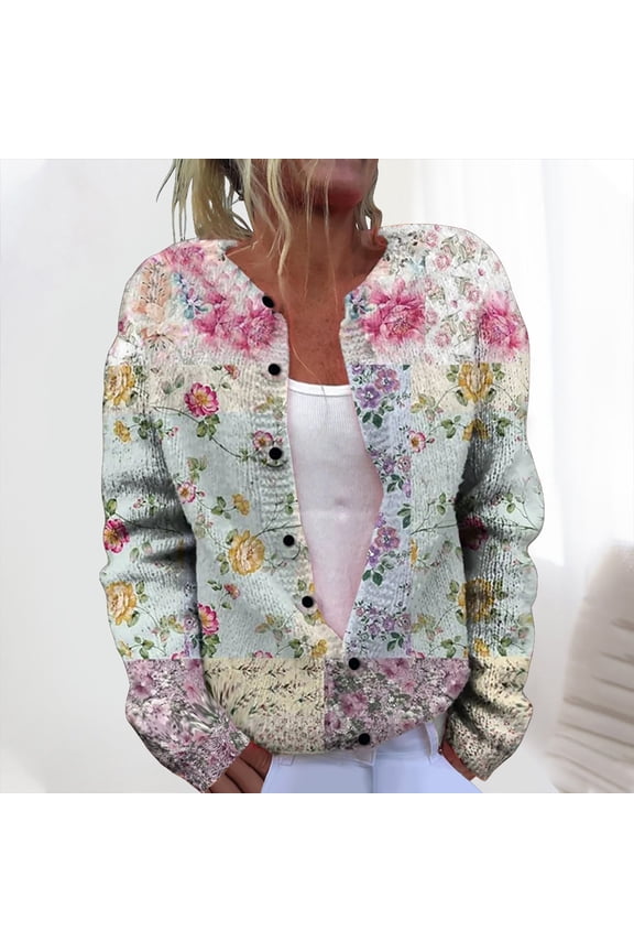 Women’s Light Blue Floral Cardigan - Acrylic Long Sleeve Open-Front, Plus Size S-XXXXXL, Boho Soft for Spring Fall Casual & Work Wear,Size L