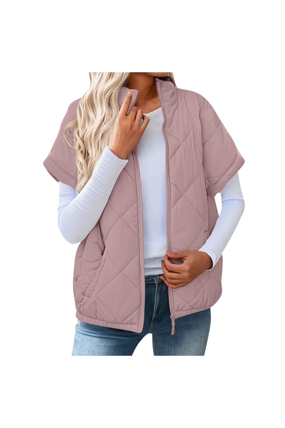Women's Lightweight Quilted Short Sleeve Jacket - 100% Polyester Full-Zip, Stand-Up Collar, Pink, Size S for Spring/Autumn Casual Use