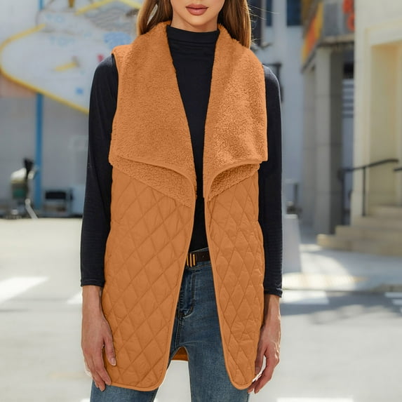 Trushirts Women's Lightweight Quilted Vest - 100% Polyester, Warm Fluffy Collar, Long Sleeveless, Khaki, Size L (Autumn Winter)
