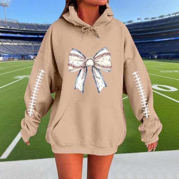 VOONCAS Women's M Khaki Baseball Hoodie - Oversized, Bow Print with Stitching, 100% Polyester, Sporty Feminine Casual Sweatshirt