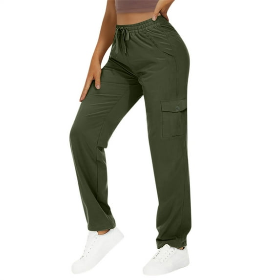 Trushirts Women's Nylon Spandex Green Cargo Pants - Relaxed Fit, Elastic Waist with Drawstring, Multiple Pockets for Casual/Exercise, Size 2XL