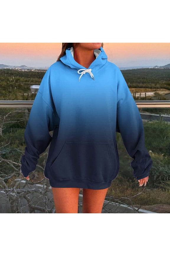 Women's Oversized Blue Ombre Hoodie - XL, Stretchy Fabric with Kangaroo Pocket, Trendy Casual Wear for Everyday Use