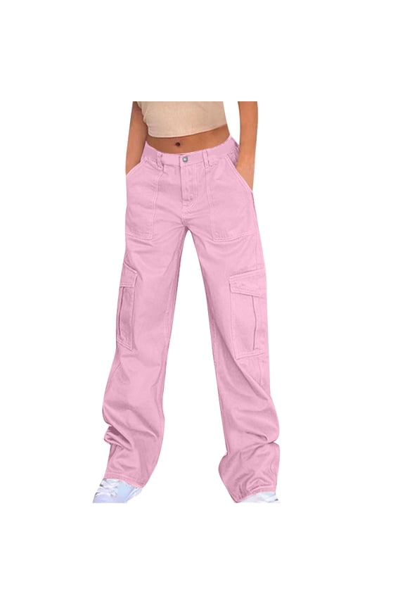 Trushirts Women's Pink Cargo Pants M Size - Polyester Loose Straight-Leg, Multiple Pockets, Comfortable for Daily/Outdoor Wear