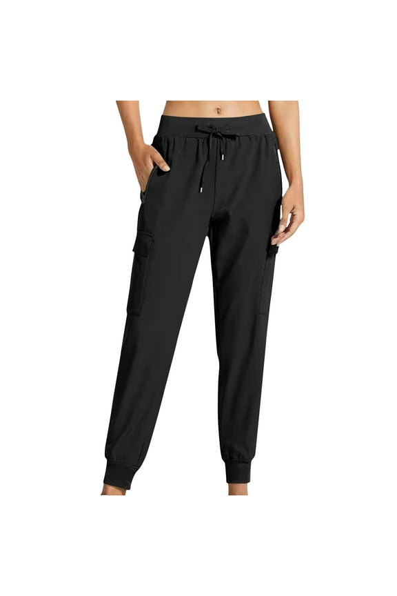 Women's Plus Size 3XL Black Cargo Jogger Pants - Nylon Spandex Stretch, Multiple Pockets, Ankle Cuff, Relaxed Fit for Casual Active Wear
