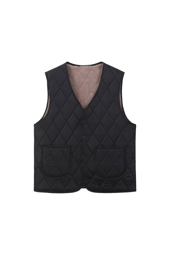 Women's Plus Size 3XL Warm Vest - Nylon Spandex, Plush Lined Quilted Design, V-Neck Button Closure, Black, for Fall Winter Casual/Home/Outdoor Use