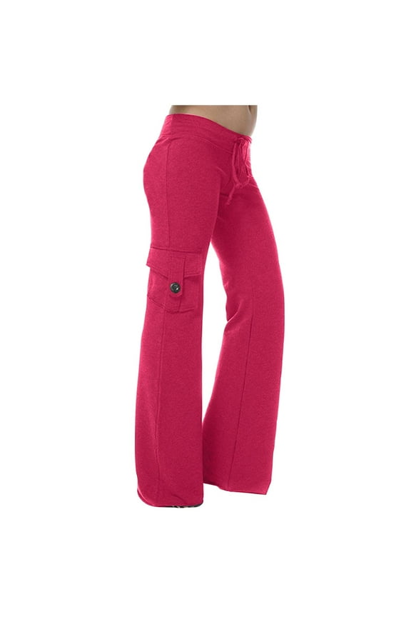 Women's Plus Size Stretch Cargo Bell Bottom Pants - Hot Pink, Size 4XL, with Button Side Pockets & Drawstring Waist, Retro Casual Daily Wear