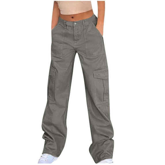 Trushirts Women's Polyester Cargo Pants - Gray, Size 2XL, Loose Straight-Leg with Pockets, Button-Zipper